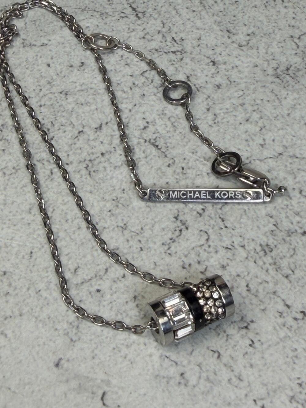 Michael Kors MK Black and Silvertone Rhinestone Barrel Necklace Dainty Layering
